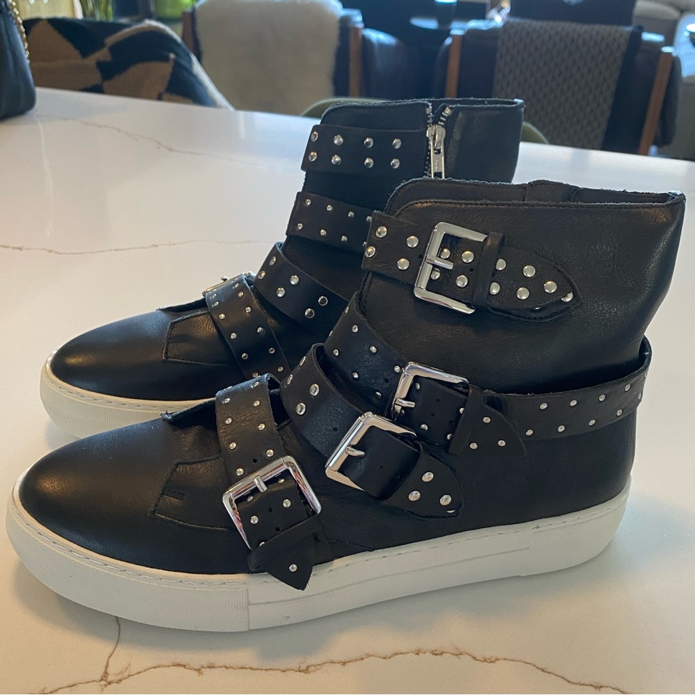 J Slides Leather Studded Buckle Sneakers (NEW without tags)